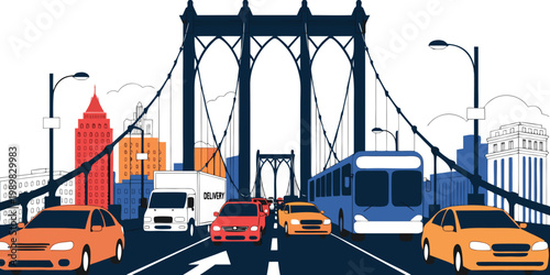Heavy traffic with cars delivery truck bus on a dark blue suspension bridge entering a modern cityscape flat design white background urban development transportation system multiple lanes