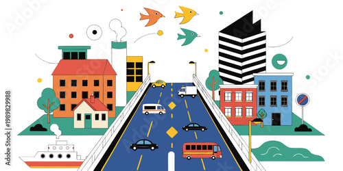Urban infrastructure and traffic flow flat vector illustration with transportation infrastructure building architecture illustration business lifestyle transport passenger cityscape commuter