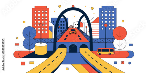 Modern city highway and bridge infrastructure design with infrastructure transportation architecture building illustration development business landscape metropolis commuter transport