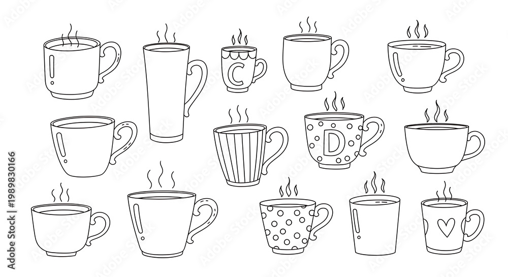 Fototapeta premium Line art illustration of various coffee and tea cups on transparent background