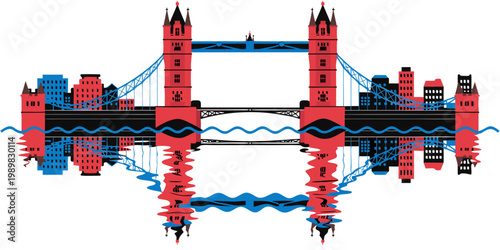 Stylized iconic bridge skyline with water reflection graphic reflection architecture landmark illustration abstract landscape engineering monument metropolis stylized minimalist buildings