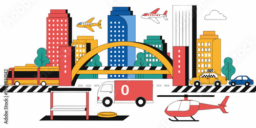 Modern city urban landscape with bridges skyscrapers transport and airplane overhead architecture cityscape transportation skyscrapers buildings metropolis illustration colorful airplane