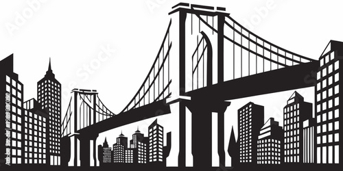 Black and white silhouette illustration of a suspension bridge with city skyline skyscrapers silhouette architecture skyscraper building landmark metropolitan suspension downtown metropolis