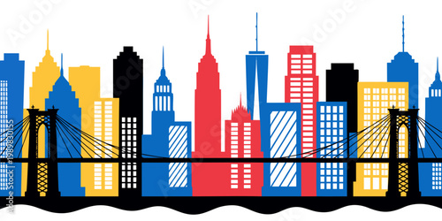 Colorful graphic illustration of suspension bridge and skyline with multi-colored buildings colorful architecture skyscraper landmark metropolis business downtown infrastructure