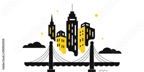 Minimalist graphic illustration of suspension bridge and yellow city skyline with buildings silhouette architecture skyscraper minimalist landmark metropolis business downtown infrastructure