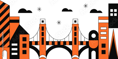 Graphic illustration of suspension bridge and orange city skyscrapers skyline with buildings silhouette architecture skyscraper minimalist landmark metropolis business downtown infrastructure