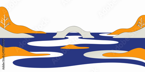 Stylized abstract landscape with an arch bridge over a blue river and orange hills in autumn style landscape abstract illustration minimalist peaceful crossing destination environment
