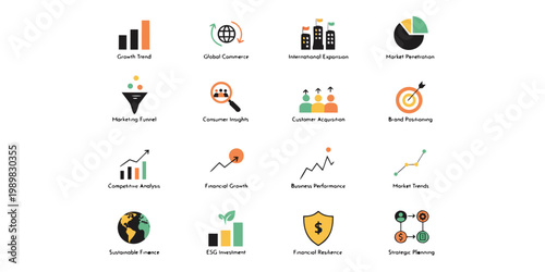 Set of business growth and financial management concept icons with business strategy investment commerce management development financial marketing planning customer acquisition branding