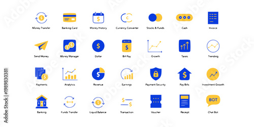 Set of modern flat financial and banking icons for business applications and digital interfaces with business investment transfer accounting transaction currency analytics security interface