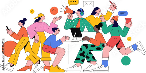Flat illustration of diverse office team collaborating on startup projects with collaboration business colleagues communication workplace discussion creative strategy management corporate