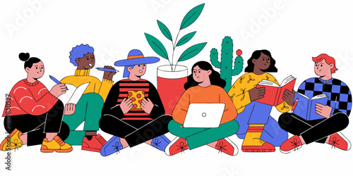 Diverse group of young students and professionals sitting together while reading and working on laptops with students life students learning education collaboration together university research