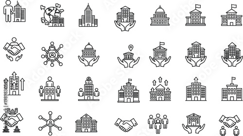 Professional Real Estate and Corporate Business Icon Set Featuring Office Buildings, Government Institutions, Handshakes, City Skyscrapers, Global Networks, and Property Management Symbols for Commerc