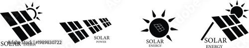 Four black solar panel icons with sun symbols and text energy power