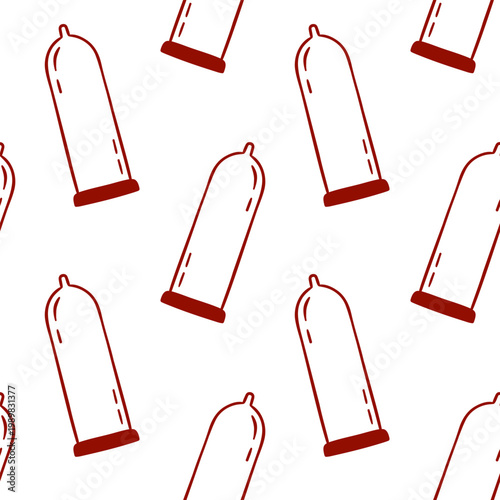condom, safe sex, contraceptive, Simple red line pattern. Doodle repeat for pharmacy retail packaging or gift wrap