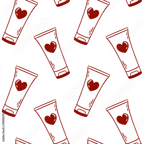 Hand-drawn red pattern of a lubricant cream bottle, Seamless vector design for sex store packaging or product labels