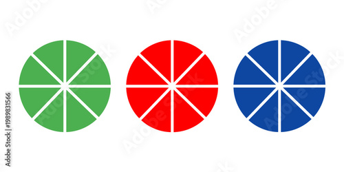 Colorful Circular Segmented Badges Set – Red Green Blue Radial Pie Chart Icons, Modern Infographic Elements for Data Visualization and UI Design
