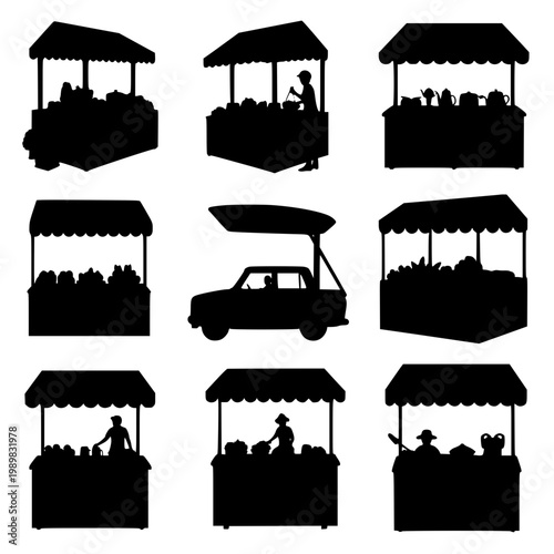 Silhouettes of Various Street Food Stalls and Market Stands Set