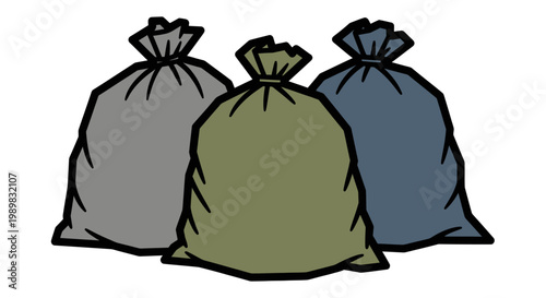 Three trash bags in different colors.