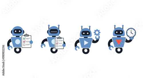 Cute cartoon robot characters working.