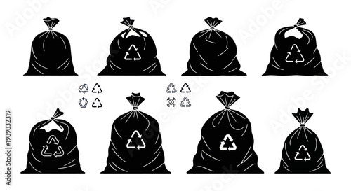 Black garbage bags with recycle symbols.
