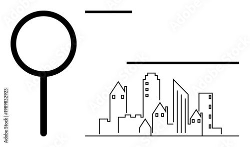 Urban planning, navigation, real estate, city research, architecture, property search. Minimalist magnifying glass near a linear cityscape. Urban planning and navigation conveyed clearly