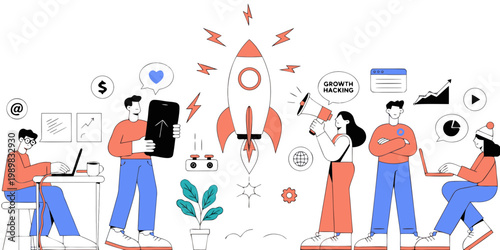 Startup growth hacking and business success illustration with business marketing teamwork strategy technology development entrepreneurship innovation creative collaboration analysis