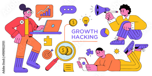 Growth hacking strategy and digital marketing analysis with marketing business analysis strategy research lightbulb megaphone illustration professional management performance investment