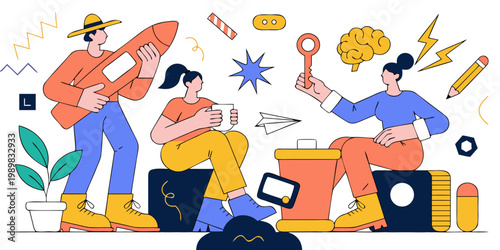 Creative teamwork and business problem solving with teamwork business creative strategy collaboration innovation brainstorming solution development professional illustration management