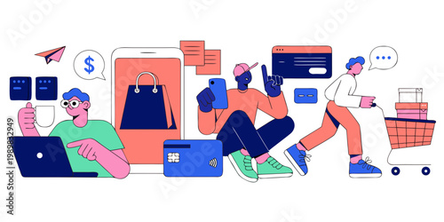 Mobile shopping experience and e-commerce payment concept with shopping ecommerce business transaction consumer purchase internet marketing technology illustration experience commercial