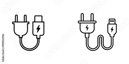 Power plug and usb charging cable icon vector illustration outline art, electric plug and connector for smartphone charger symbol