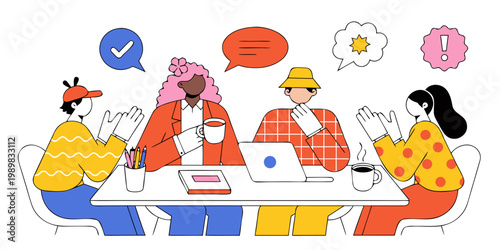 Flat vector illustration of team meeting with coffee and discussion bubbles office life meeting room office environment co workers speech bubbles flat design vector art business people