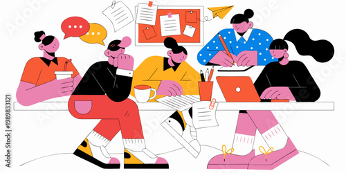 Team collaborating on project at office desk with notes and laptop office life meeting room office environment co workers speech bubbles flat design vector art business people bulletin board