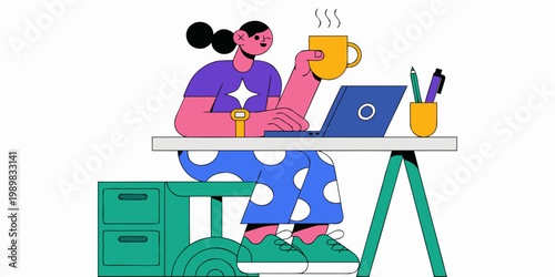 Woman working on laptop at desk with hot cup of coffee in modern office business professional productivity technology employment freelance computer lifestyle workplace communication