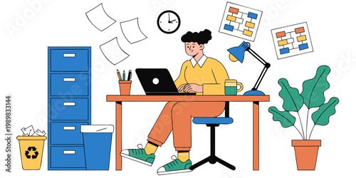 Professional woman at desk working on laptop in busy office with charts and filing cabinet business professional productivity technology employment computer lifestyle workplace communication