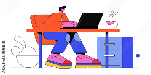 Man working at desk on laptop with coffee in professional workspace business professional productivity technology employment freelance computer lifestyle workplace communication creative