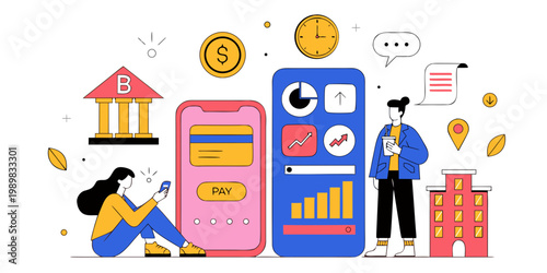 People using mobile banking app and analyzing financial charts with bank building illustration flat design building illustration analysis technology investment business smartphone credit card
