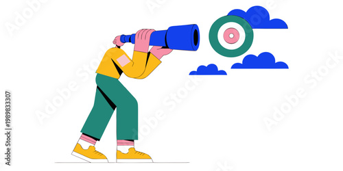 Abstract illustration of a person looking through a telescope towards a target and clouds symbolizing vision and goals white background telescope discovery opportunity strategy illustration
