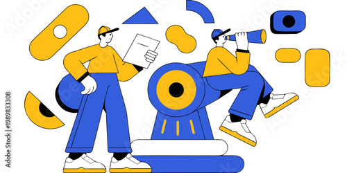 Stylized illustration of two characters one examining a document and another looking through a telescope mounted on a large object surrounded by abstract shapes white background illustration