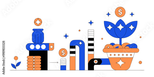 Illustration of financial growth process money production wealth creation through investment and savings cash flow money tree digital illustration white background investment business