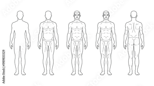 Human body front back and side views male body template fashion design medical vector mockup