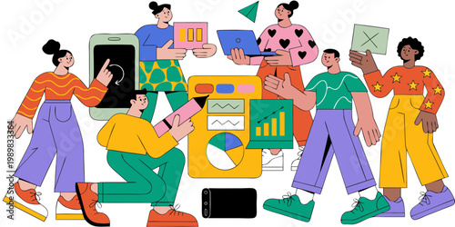 Group of people collaborating on a business project using a smartphone laptop analyzing charts with graphic elements app development flat design teamwork collaboration business planning