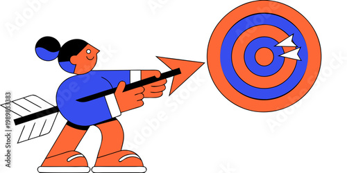 Woman shooting arrow at target illustration with strategy business objective accuracy illustration abstract bullseye precision performance achievement direction minimalist metaphor