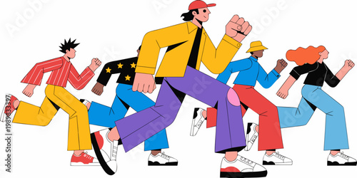 Diverse group of people running together with energy and determination flat design white background movement diversity illustration character competition healthy lifestyle together energetic
