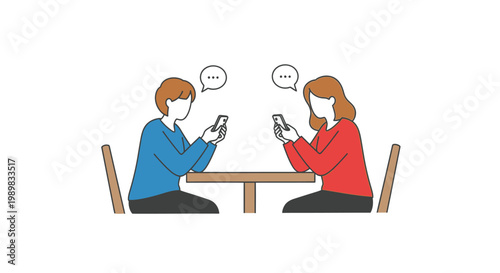 Young man and woman engrossed in their mobile phones at a wooden table, showing digital disconnection, isolated white background.