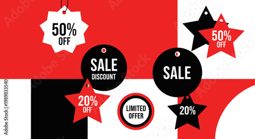 Collection of modern sale banners and discount tags in red, black, and white with various percentage offers, for marketing promotions.