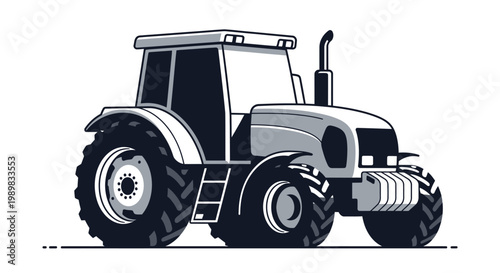 Classic grey farm tractor with large wheels and vintage design, side front view, isolated white background.