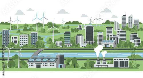 Modern green city skyline with renewable energy sources like wind turbines and solar panels, featuring buildings and a river under a cloudy sky.