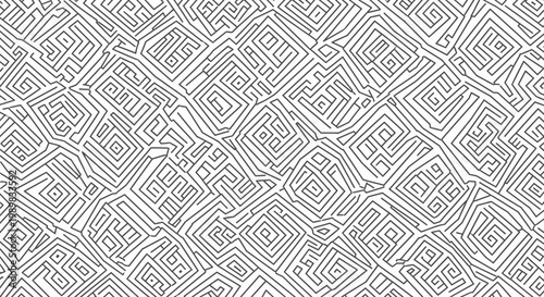 Seamless abstract geometric maze pattern with intricate lines in black and white, complex puzzle background texture.