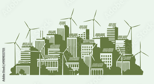 Green Eco-Friendly Cityscape with Wind Turbines and Solar Panels, Sustainable Energy Concept
