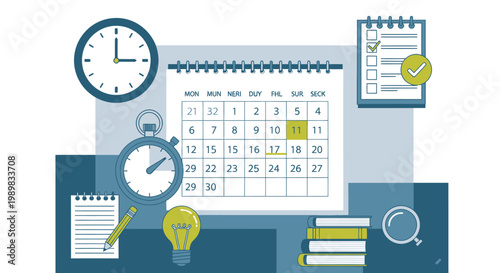 Office Desk with Calendar, Clocks, Notepad, Books, and Light Bulb, Productivity and Idea Concept